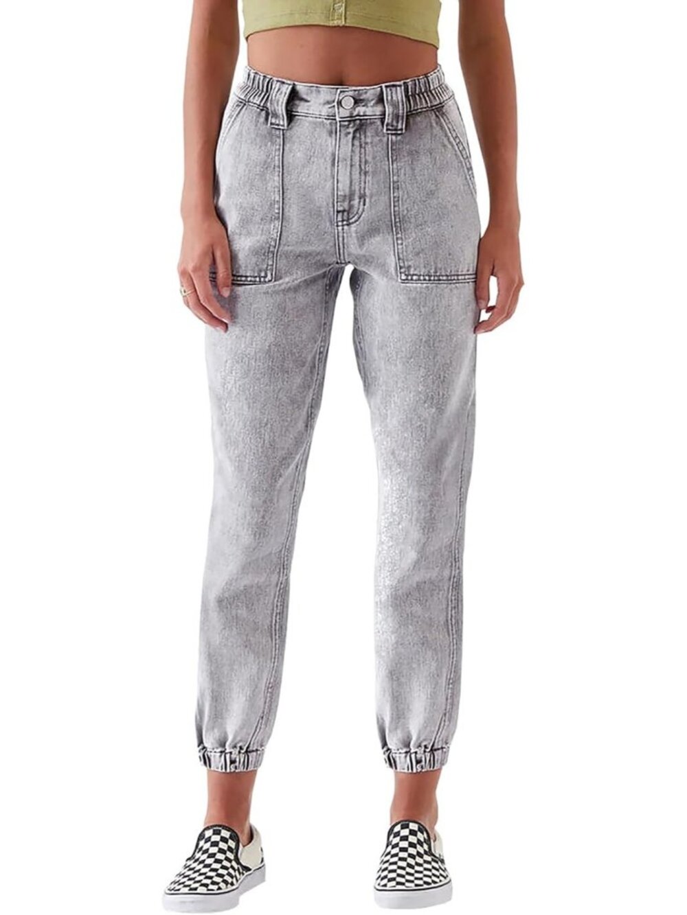 Women's Grey Denim Drawstring Elastic Y2k Pull On High Waisted Baggy Jeans